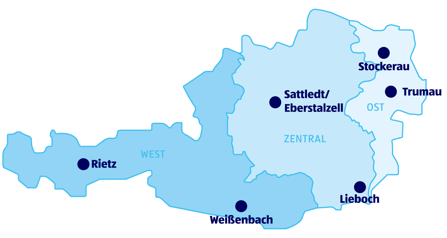 Übersicht der Regionen & Standorte in Österreich Österreichkarte mit eingezeichneten Regionen West, Zentral & Ost sowie unseren Standorten